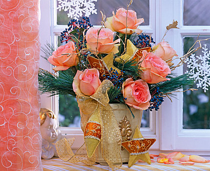 圣诞节,花束,粉色,玫瑰,荚莲属植物