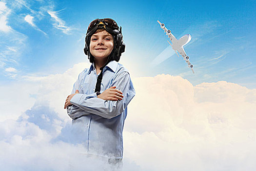 图像,小男孩,飞行员,头盔,飞,飞机,背景