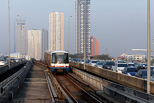 高架列车,早晨,塞车,桥,曼谷,泰国,亚洲