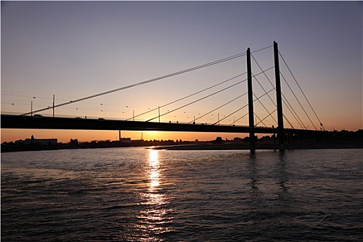 桥,上方,莱茵河,河,日落,杜塞尔多夫,德国