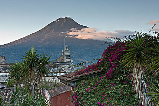 危地马拉,安提瓜岛,火山,水,酒店,日出,城镇