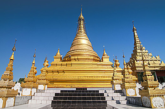金色,塔,排,白色,惊奇,建筑,佛教,庙宇,曼德勒