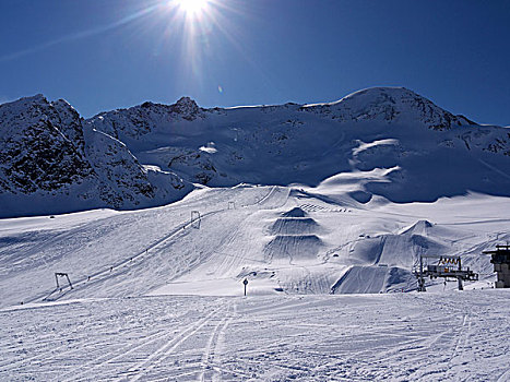 滑雪坡,跳台滑雪,滑雪板玩家,冰河,滑雪区,提洛尔,奥地利,欧洲