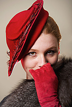 头像,年轻,女人,红发,戴着,红色,帽子,小山羊皮,手套,灰色,皮草,英格兰