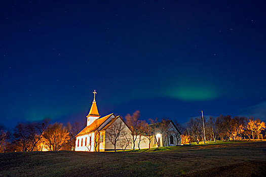 欧洲,冰岛,雷克雅未克,北极光,高处,郊区,教堂