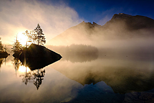 早,雾,日出,背影,国家公园,拉姆绍,上巴伐利亚,巴伐利亚,德国,欧洲