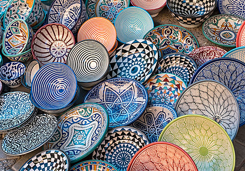 涂绘,陶瓷,盘子,销售,玛拉喀什,露天市场,摩洛哥,非洲