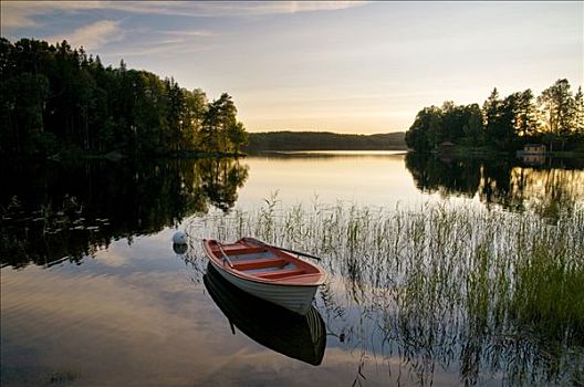 船,湖,日落,瑞典