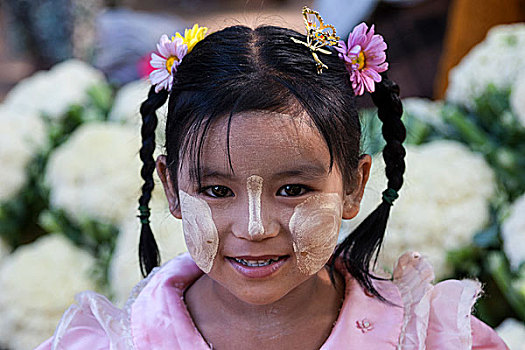 女孩,辫子,脸,头像,曼德勒省,蒲甘,缅甸,亚洲