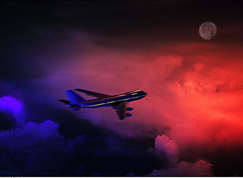 飞机,天空,夜晚,满月