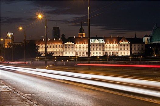 街道,风景,皇家,城堡,夜晚,华沙
