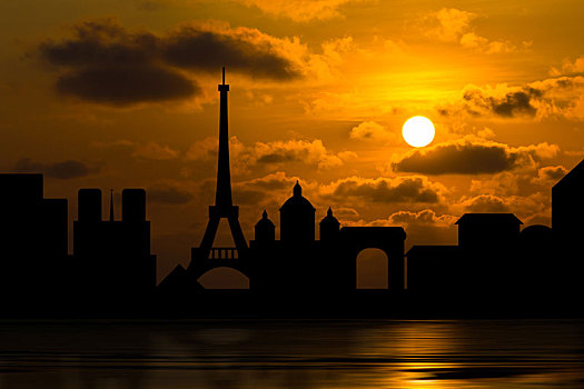 生动,巴黎,天际线,日落