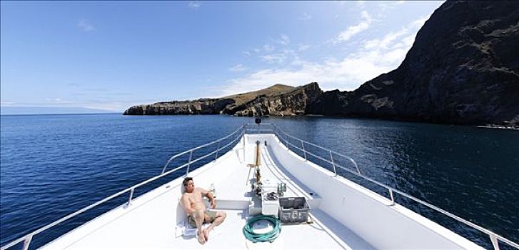 乘客,日光浴,船,伊莎贝拉岛,加拉帕戈斯,群岛,厄瓜多尔,南美,太平洋