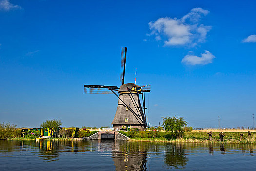 荷兰,风车,上方,运河,世界遗产,小孩堤防风车村,圩田,荷兰南部,欧洲