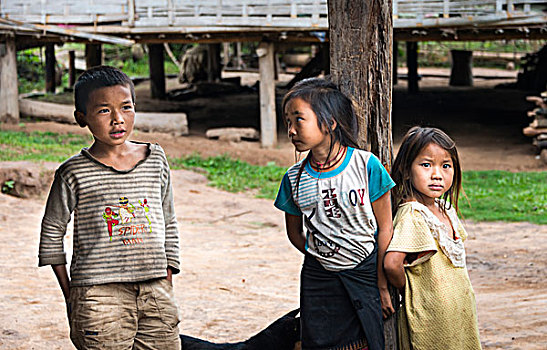 两个女孩,男孩,禁止,少数民族,乡村,国家公园,老挝,亚洲