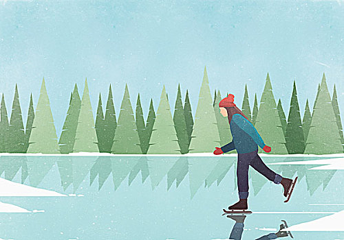 侧面视角,女人,滑冰,滑冰场,蓝天