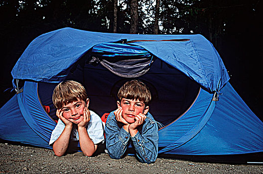 两个男孩,流行,向上,帐蓬,露营,区域,不列颠哥伦比亚省,加拿大