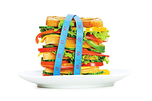 概念,健康食物,卷尺,三明治,白色背景