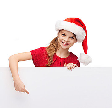 圣诞节,休假,广告,概念,高兴,女孩,孩子,圣诞老人,帽子,指向,留白,白板