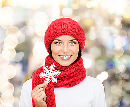 高兴,寒假,圣诞节,人,概念,微笑,少妇,红色,帽子,围巾,连指手套,拿着,雪花,上方,背景