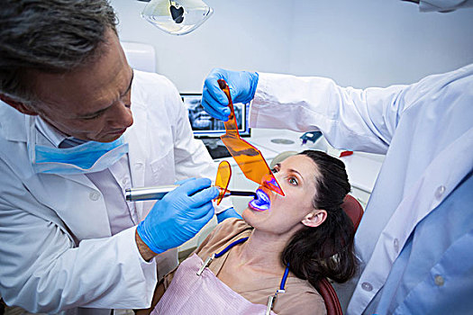 牙医,检查,女病人,牙齿,治愈,灯,诊所