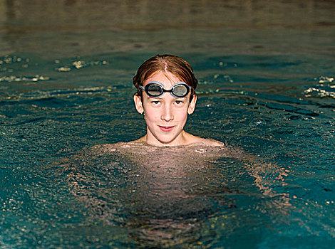男孩,游泳者,13岁,泳镜,游泳池