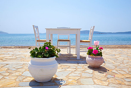 装饰,花盆,平台,白色,桌子,椅子,海洋,希腊