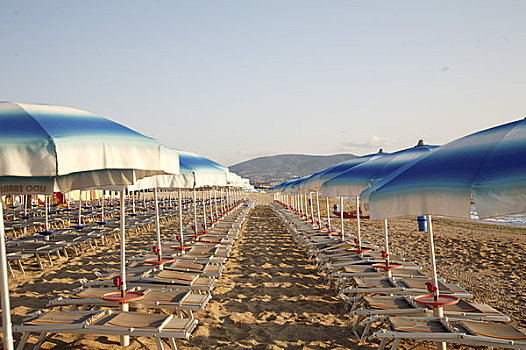 日出,白色,蓝色,伞,沙滩椅