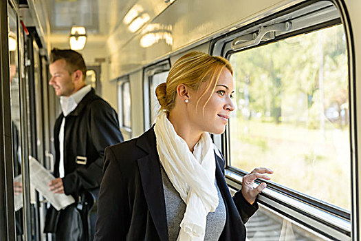 女人,向外看,列车,窗户,旅行