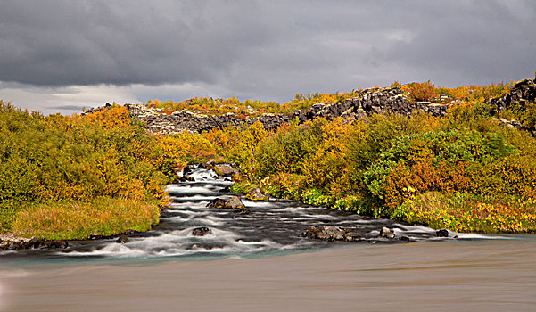 冰岛,湍流,西部,秋色,繁茂,火山岩,河流,阴天