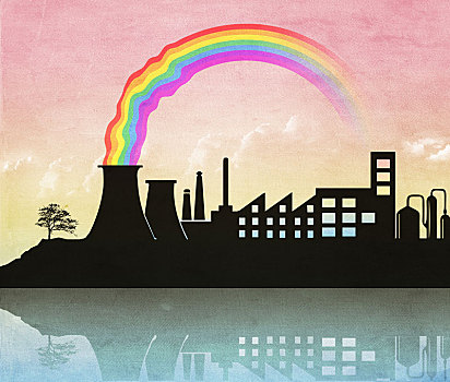 插画,彩虹,排放,工业,核能,飞机发动机,绿色科技