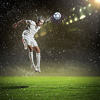 球员,白衬衫,惊人,球,头部,体育场,雨