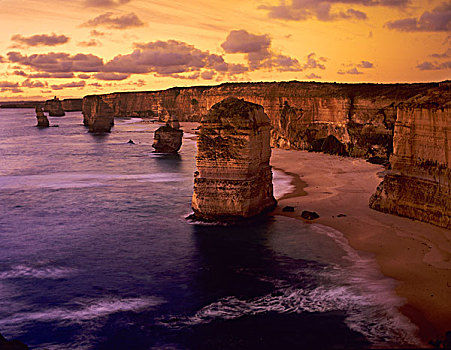 日落,十二使徒岩,坎贝尔港国家公园,海洋,维多利亚,澳大利亚,大幅,尺寸