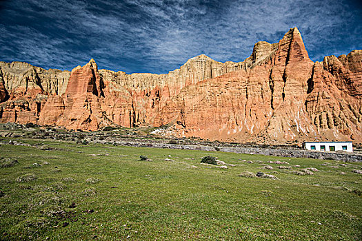 红岩,红色,悬崖,房子,正面,腐蚀,风景,莫斯坦王国,尼泊尔,亚洲