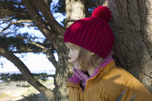女孩,红色,帽子,冬天,莫尔比昂省,海湾,女儿