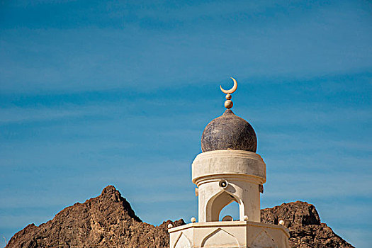 上面,清真寺,金色,月亮,月牙状,蓝天,山,靠近,旱谷,阿曼