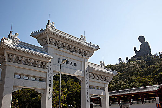 入口,靠近,寺院,巨大,背景,大屿山,香港