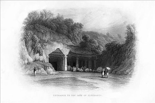 入口,洞穴,孟买,印度,19世纪,艺术家,未知