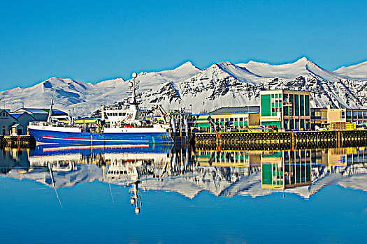 风景,港口,渔船,积雪,山,冰岛