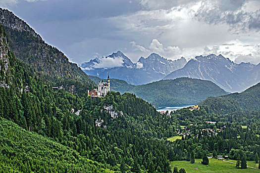 风景,阿尔卑斯山,新天鹅堡,巴伐利亚,德国