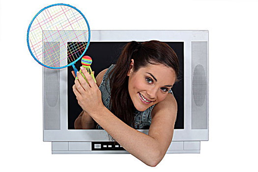 女孩,电视屏幕,羽毛球拍