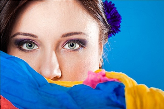 女人,脸,围巾,蓝色背景