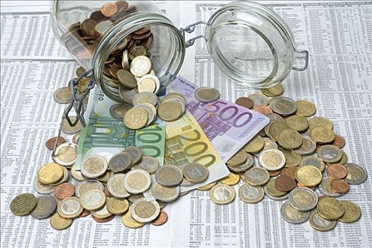 存钱罐,保存,玻璃,硬币,欧元,钞票