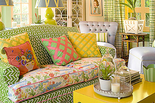 黄色,茶几,正面,图案,沙发,传统,起居室