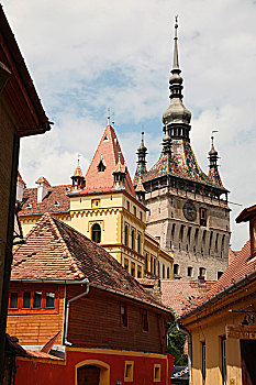 欧洲,罗马尼亚,狭窄街道,室内,中世纪,城堡,钟楼,背景