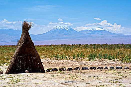 芦苇,小屋,遮阳篷,火山,背景,阿塔卡马沙漠,智利