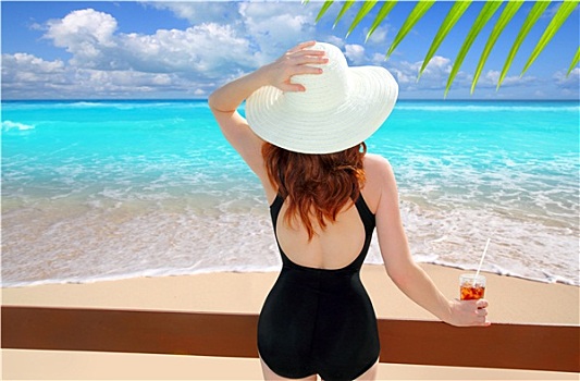 沙滩帽,后视图,女人,鸡尾酒,热带沙滩
