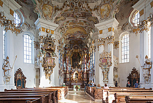 德国,巴伐利亚,教堂,洛可可风格,室内
