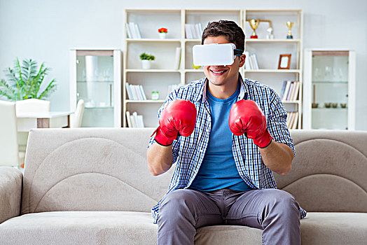 男人,戴着,虚拟现实,眼镜,玩,拳击,比赛