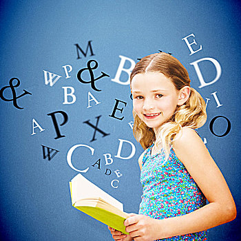 合成效果,图像,女孩,读,书本,图书馆,蓝色背景
